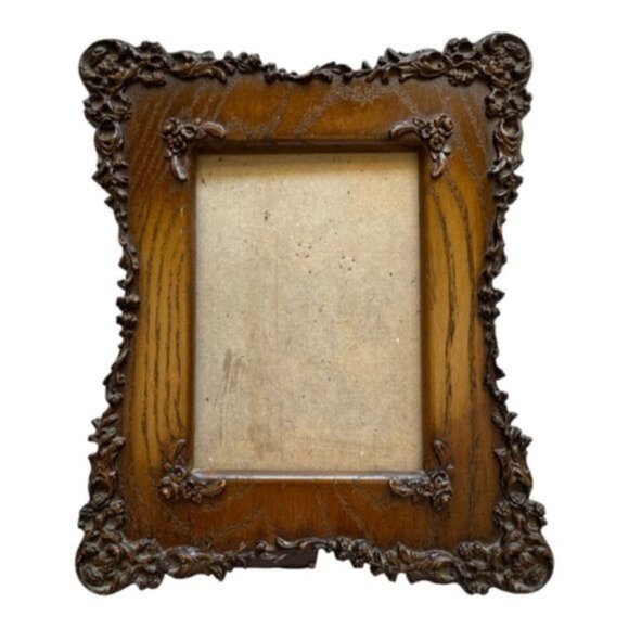 Vintage Handmade-Hand Craved Ornate Brown Wood Picture Frame - Picture 2 of 9